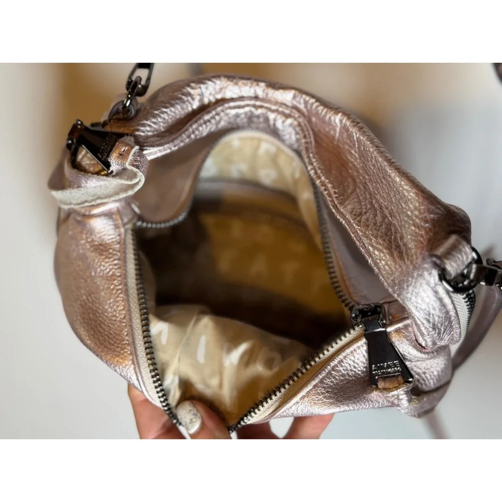Aimee Kestenberg Crossbody Rose Gold Metallic Leather Tassel Zip Bag Small